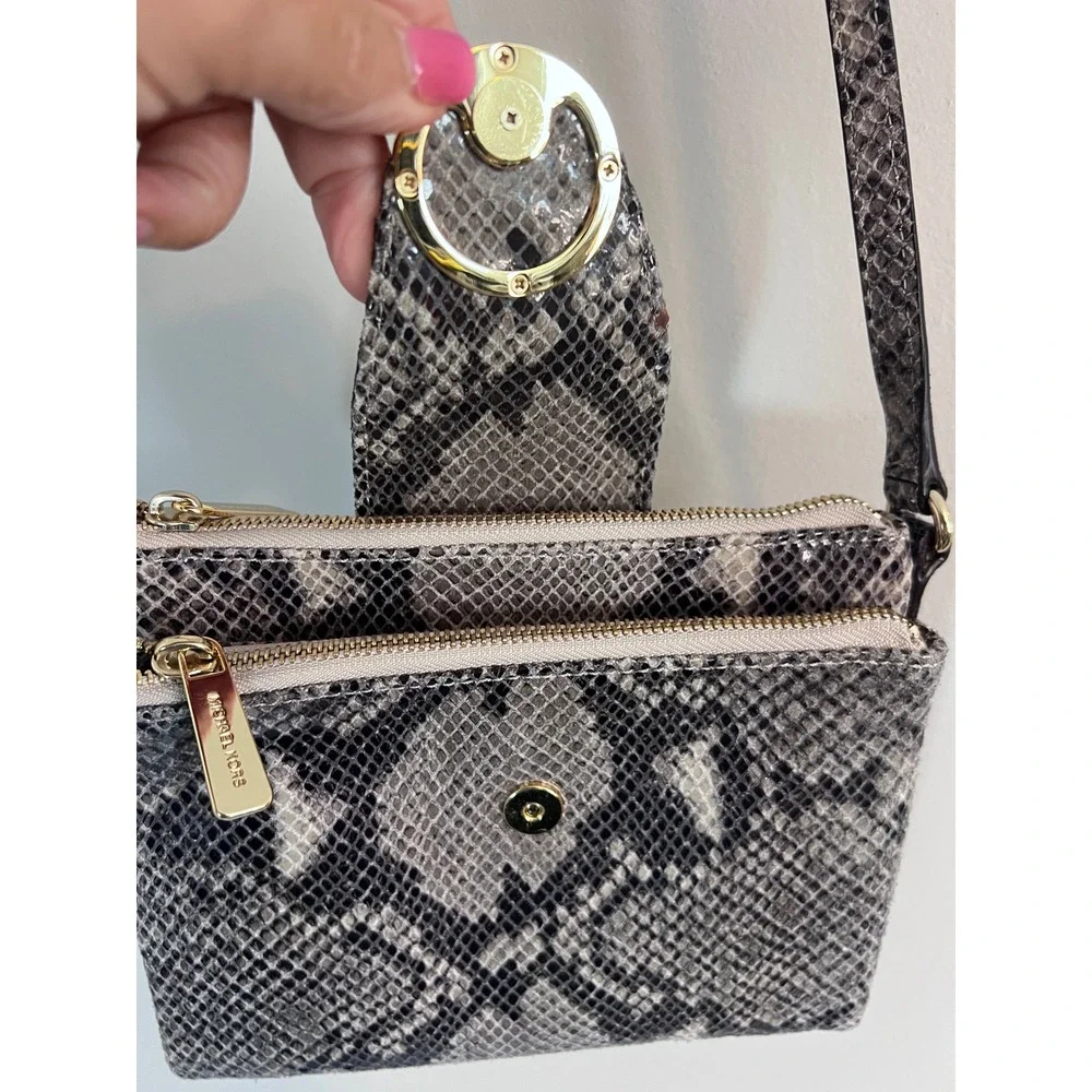 Michael Kors Snakeskin Embossed Crossbody Bag Grey Black Gold MK Logo